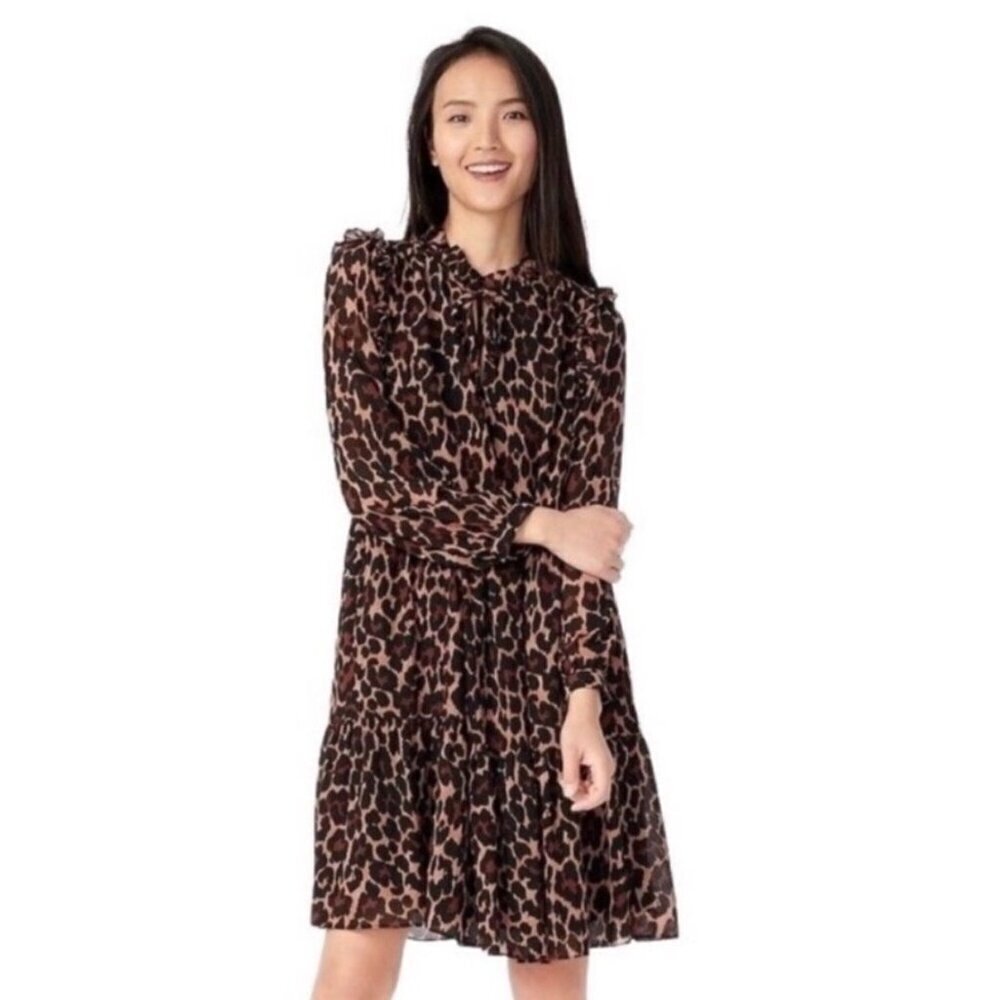 J.Crew Tie-neck tiered dress in leopard crinkle chiffon women’s XXS animal print